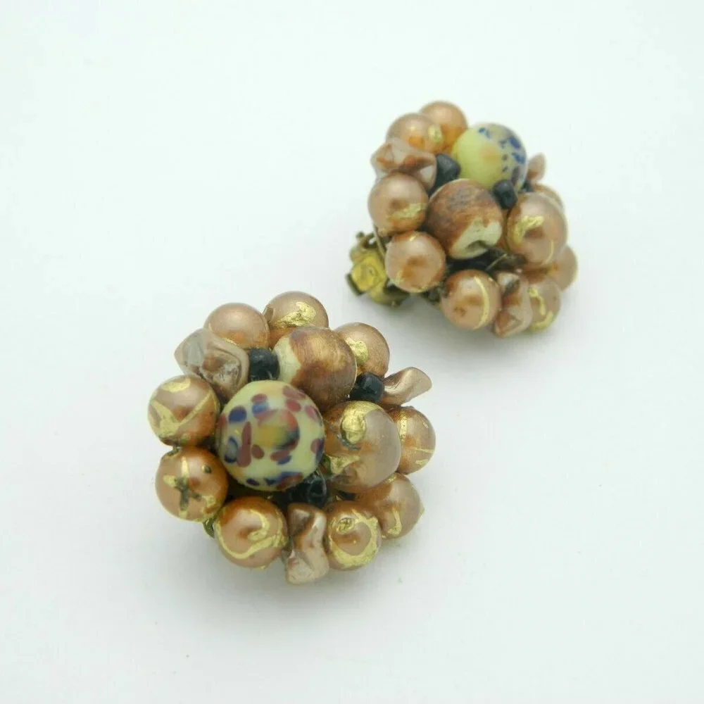 Japan Gold Blue Art Glass Bead Beaded Clip-On